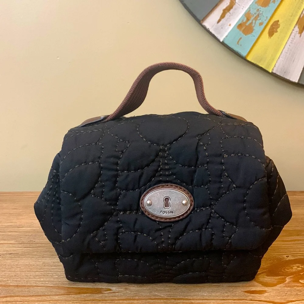 Fossil Black & Brown Quilted Cosmetic | Toiletries Bag NICE